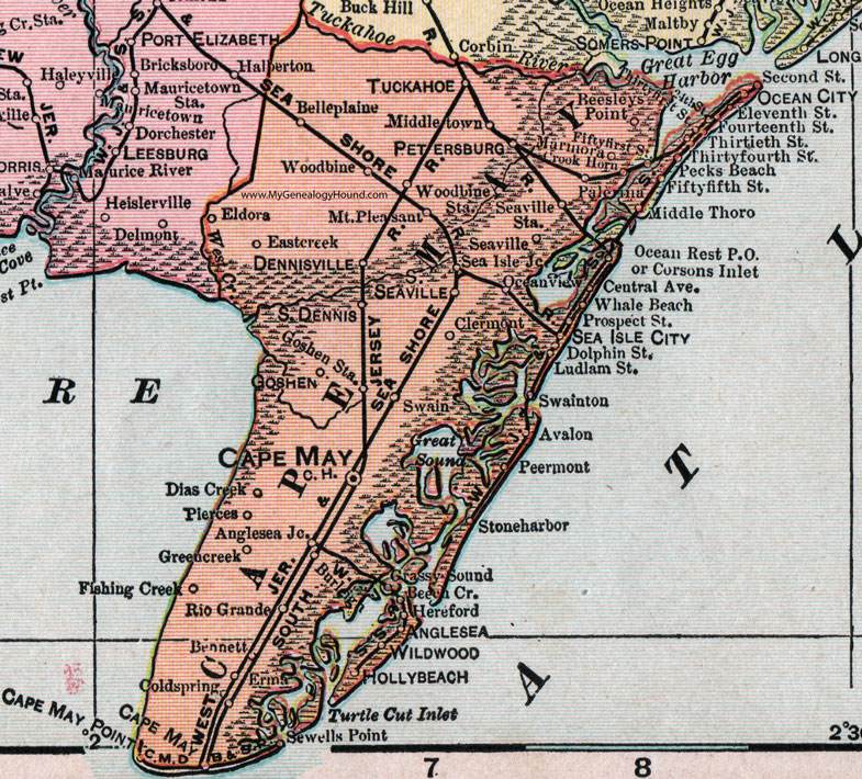 Cape May County, New Jersey, Map, 1905, Cram, Ocean City, Wildwood, Avalon, Tuckahoe, Petersburg, Dennisville, Seaville, Sea Isle City, South Dennis, Holly Beach, Anglesea, Goshen, Clermont, Peermont, Hereford, Belleplaine, Woodbine