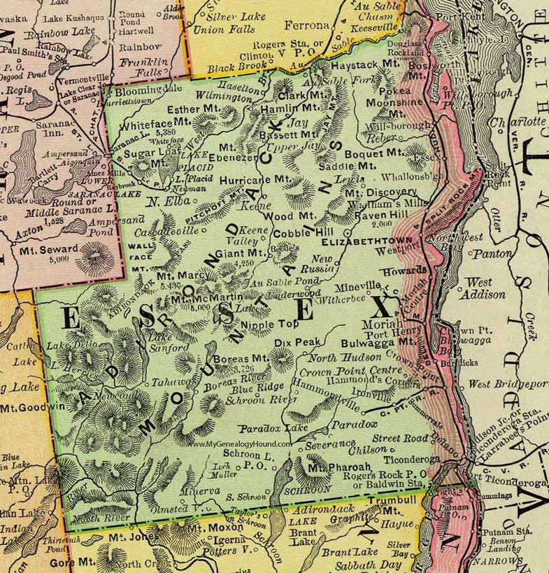 Essex County, New York 1897 Map by Rand McNally, Elizabethtown, Westport, Witherbee, Port Henry, Willsboro, Lake Placid, Keeseville, Ticonderoga, Crown Point, Lewis, Schroon Lake, NY