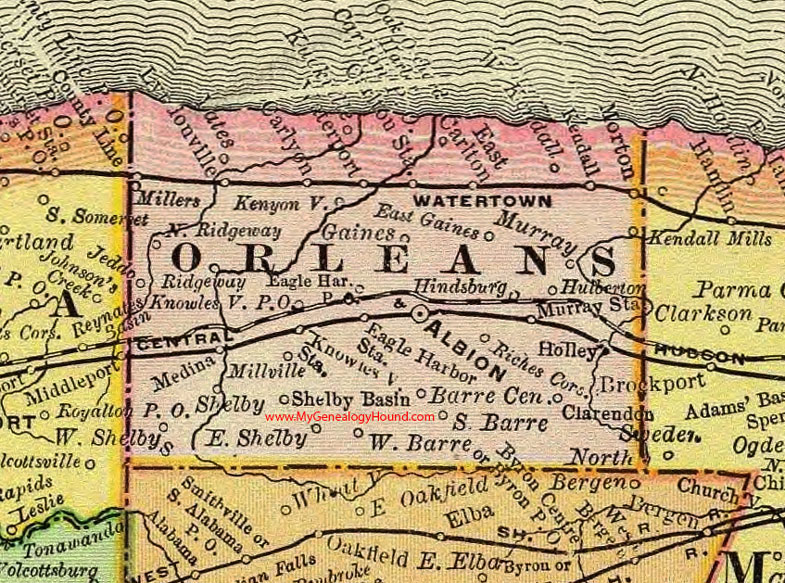 Orleans County, New York 1897 Map by Rand McNally, Albion, Medina, Lyndonville, Knowlesville, Eagle Harbor, Waterport, Holley, Clarendon, Kendall, Shelby, NY