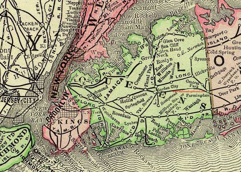 Queens County, New York 1897 Map by Rand McNally, Jamaica, Flushing, Rockaway Beach, Oyster Bay, Sea Cliff, Richmond Hill, Woodhaven, Rosedale, Merrick, Syosset, Roslyn, NY