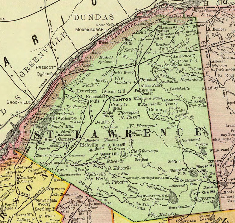 St. Lawrence County, New York 1897 Map by Rand McNally, Canton, Potsdam, Ogdensburg, Massena, Madrid, Norwood, Norfolk, Morristown, Heuvelton, Gouverneur, Edwards, Oswegatchie, Waddington, NY