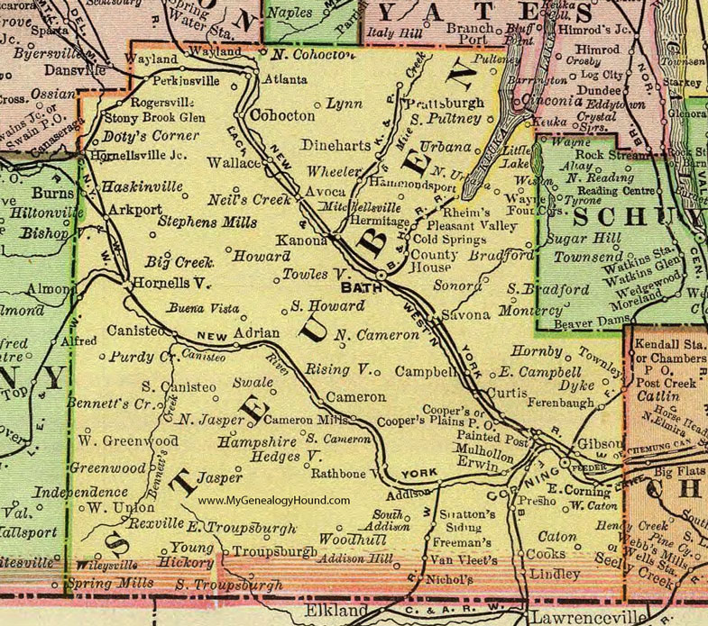 Steuben County, New York 1897 Map by Rand McNally, Bath, Corning, Hornell, Canisteo, Addison, Savona, Hammondsport, Avoca, Arkport, Cohocton, Atlanta, NY