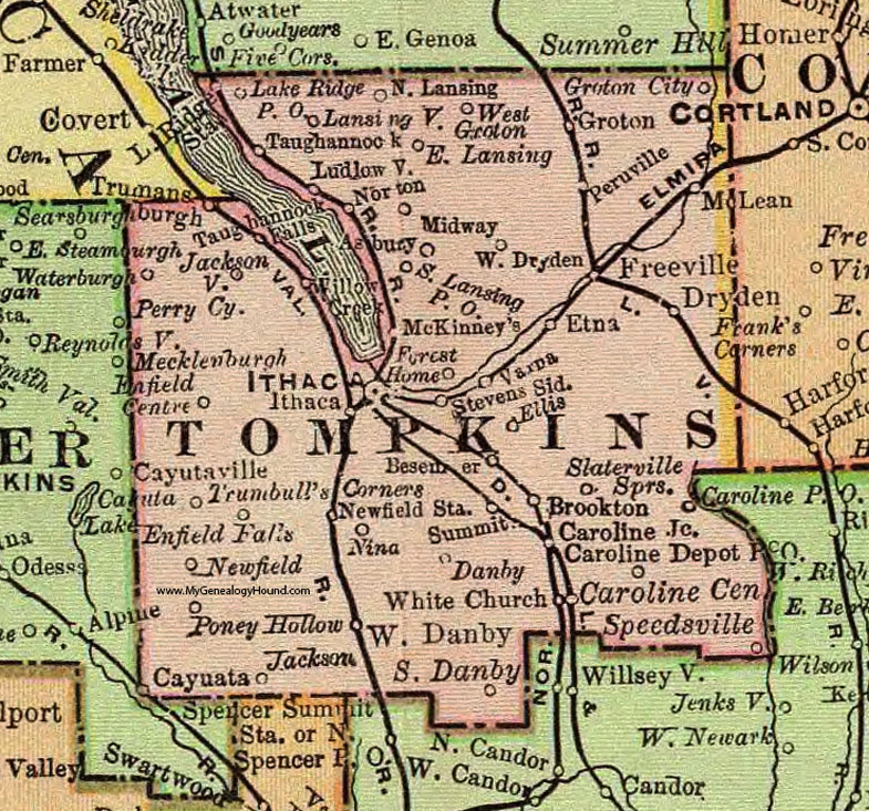 Tompkins County, New York 1897 Map by Rand McNally, Ithaca, Groton, Dryden, Newfield, McLean, Etna, Cayuata, Peruville, Danby, Speedsville, NY