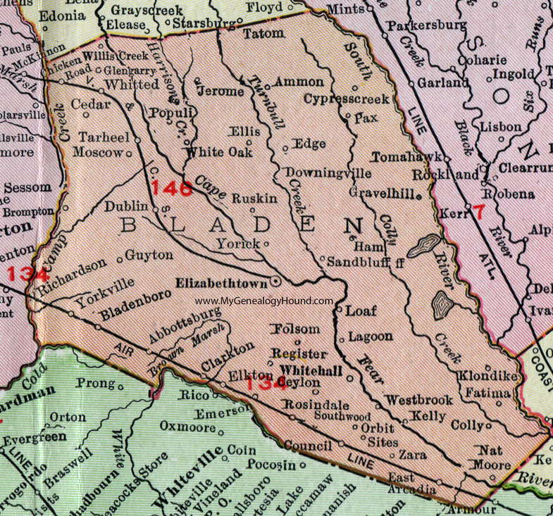 Bladen County, North Carolina, 1911, Map, Rand McNally, Elizabethtown, Bladenboro, Clarkton, Abbottsburg, Kelly, Zara, Jerome, White Oak, Tar Heel, Dublin, Moscow