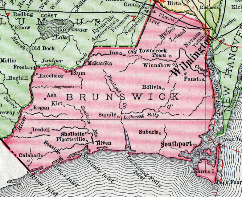 Brunswick County, North Carolina, 1911, Map, Rand McNally, Navassa, Southport, Shallotte, Ash, Freeland, Calabash, Supply, Biven, Yadkin, Malmo, Piggottsville, Exum