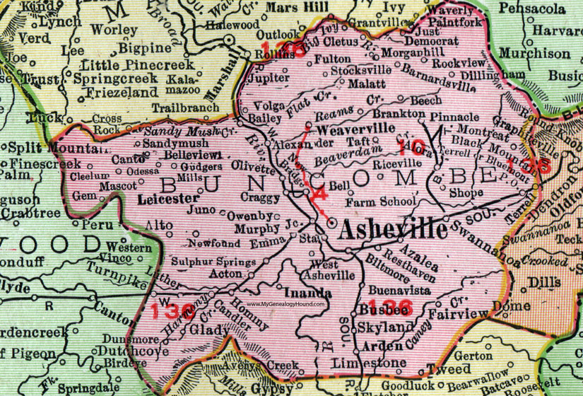 Buncombe County, North Carolina, 1911, Map, Rand McNally, Asheville, Weaverville, Swannanoa, Biltmore, Fairview, Black Mountain, Montreat, Alexander, Barnardsville,  Dillingham, Leicester, Skyland, Arden, Inanda