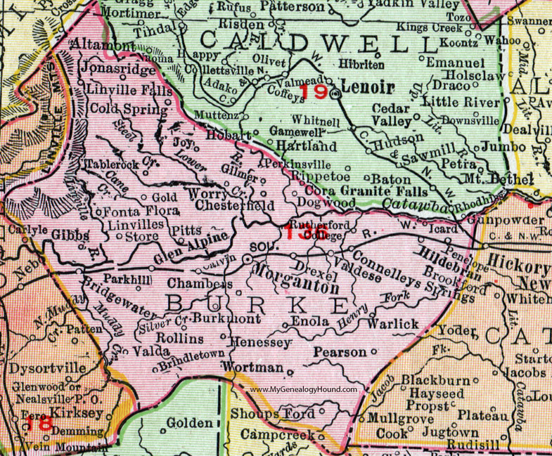 Burke County, North Carolina, 1911, Map, Rand McNally, Morganton, Connellys Springs, Drexel, Glen Alpine, Jonas Ridge, Valdese, Linville Falls, Icard, Hildebran, Burkemont, Enola, Gold