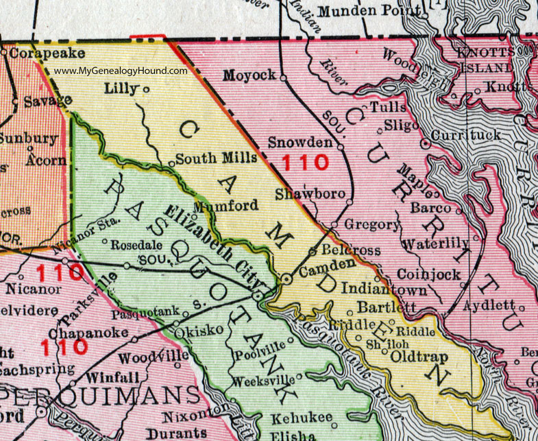 Camden County, North Carolina, 1911, Map, Rand McNally, Shiloh, South Mills, Belcross, Old Trap, Riddle, Indiantown, Lilly, Bartlett