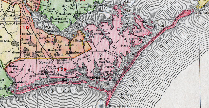 Carteret County, North Carolina, 1911, Map, Rand McNally, Beaufort, Morehead City, Newport, Cedar Point, Bogue, Gloucester, Harkers Island, Smyrna, Otway, Williston, Davis, Stacy, Merrimon, Atlantic, Portsmouth
