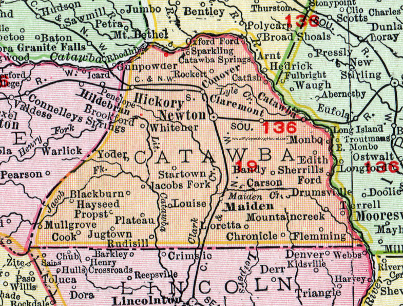 Catawba County, North Carolina, 1911, Map, Rand McNally, Newton, Hickory, Maiden, Terrell, Conover, Claremont, Sherrills Ford, Sparkling Catawba Springs, Jugtown, Bandy, Yoder, Hayseed, Rockett, Whitener, Startown