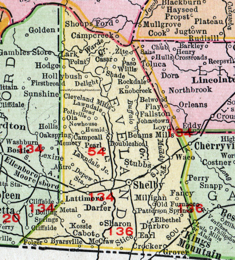 Cleveland County, North Carolina, 1911, Map, Rand McNally, Shelby, Polkville, Kings Mountain, Fallston, Lattimore, Boiling Springs, Lawndale, Casar, Belwood, Earl, Waco, Grover, Patterson Springs, Zite