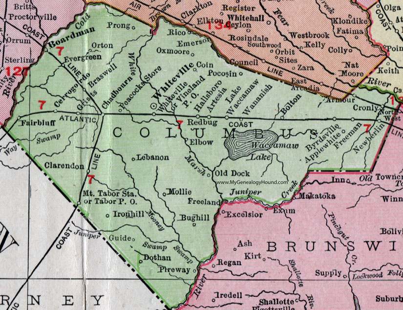 Columbus County, North Carolina, 1911, Map, Rand McNally, Whiteville, Chadbourn, Fair Bluff, Lake Waccamaw, Cerro Gordo, Tabor City, Evergreen, Clarendon, Hallsboro, Bolton, Bug Hill, Dothan, Boardman, Pocosin