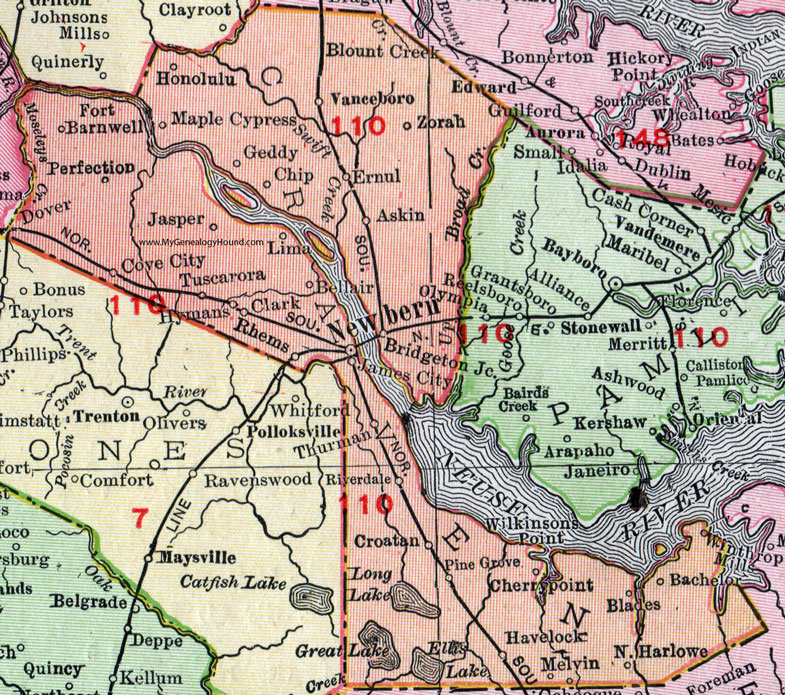Craven County, North Carolina, 1911, Map, Rand McNally, Newbern, James City, Vanceboro, Fort Barnwell, Dover, Cove City, Ernul, Havelock, Winthrop Mills, Croatan, Askin, Zorah, Honolulu, Hymans, Tuscarora