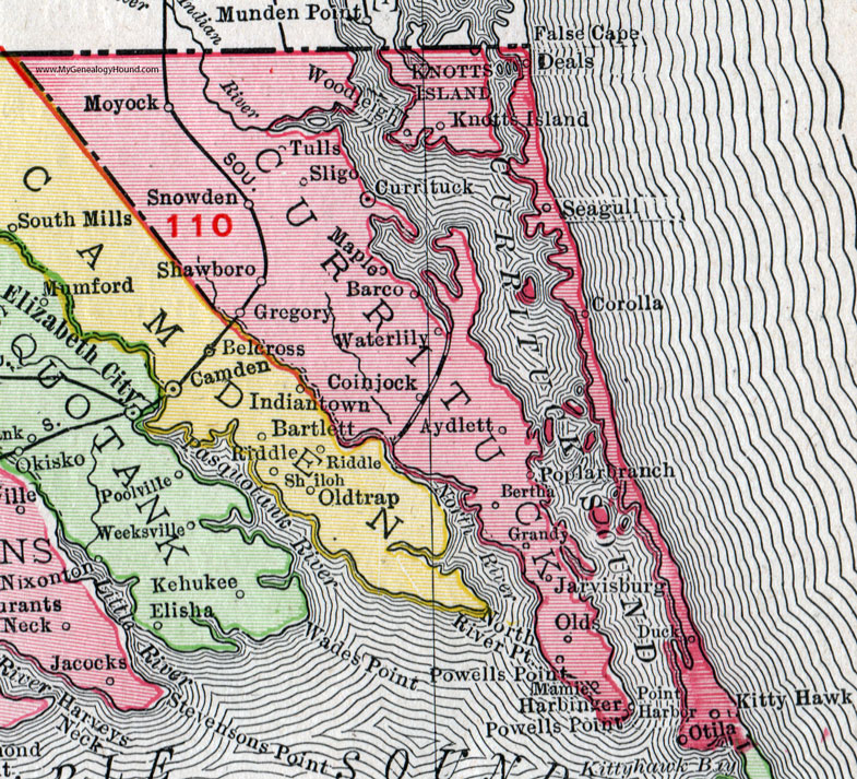 Currituck County, North Carolina, 1911, Map, Rand McNally, Moyock, Corolla, Maple, Barco, Shawboro, Coinjock, Aydlett, Poplar Branch, Jarvisburg, Powells Point, Harbinger, Grandy, Woodleigh, Snowden, Sligo