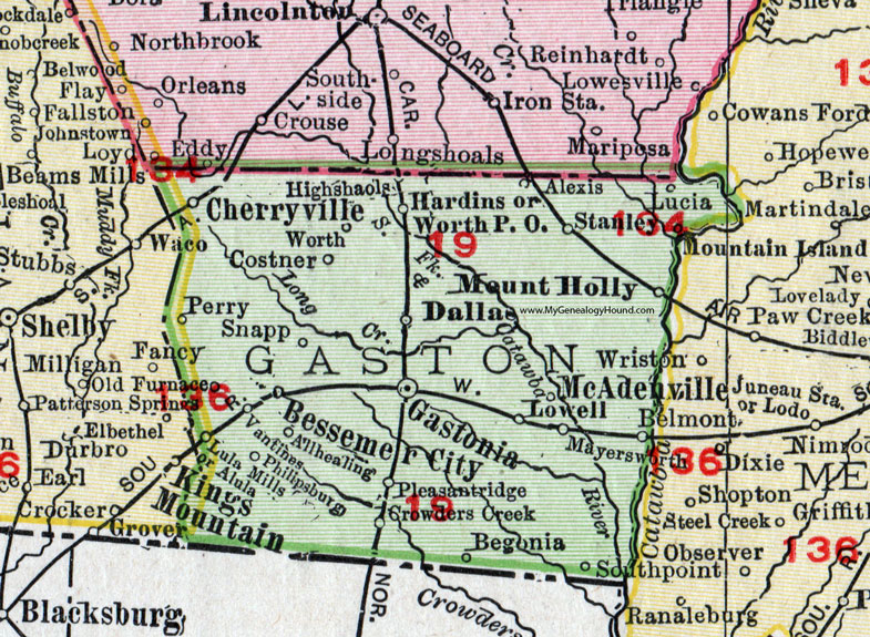 Gaston County, North Carolina, 1911, Map, Rand McNally, Gastonia, Bessemer City, McAdenville, Mount Holly, Dallas, Belmont, Stanley, Alexis, High Shoals, Cherryville, Crowders, Lula Mills