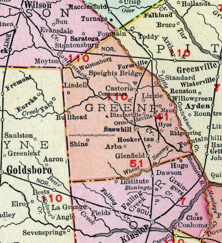 Greene County, North Carolina, 1911, Map, Rand McNally, Snow Hill, Walstonburg, Maury, Hookerton, Castoria, Lindell, Arba, Glenfield, Contentnea, Speights Bridge, Hyco, Ormondsville, Ridge Spring, Fountain Hill