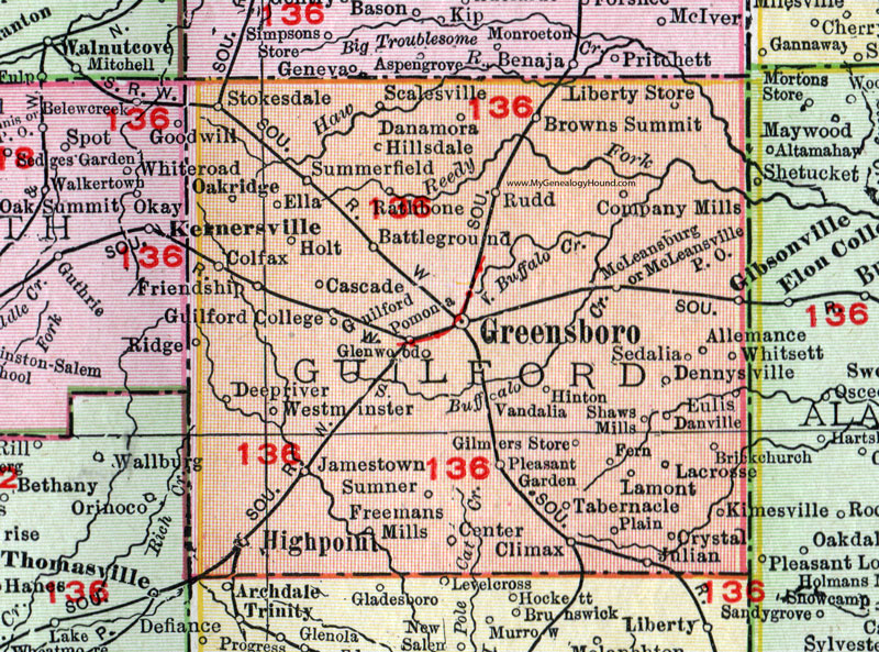 Guilford County, North Carolina, 1911, Map, Rand McNally, Greensboro, High Point, Stokesdale, Summerfield, Pleasant Garden, Oak Ridge, Colfax, Browns Summit, McLeansville, Gibsonville, Jamestown, Sedalia, Whitsett, Julian, Climax