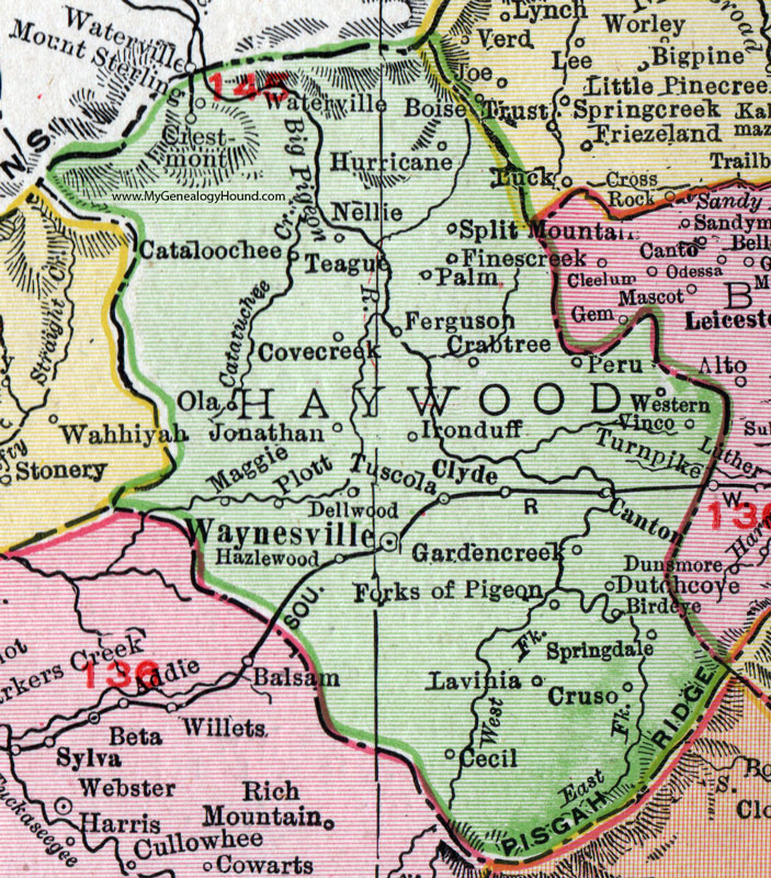 Haywood County, North Carolina, 1911, Map, Rand McNally, Waynesville, Hazelwood, Clyde, Canton, Cruso, Cataloochee, Teague, Lavinia, Forks of Pigeon, Dutchcove, Ironduff, Tuscola, Crestmont, Waterville