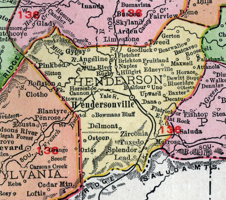 Henderson County, North Carolina, 1911, Map, Rand McNally, Hendersonville, Fletcher, Etowah, East Flat Rock, Naples, Horseshoe, Zirconia, Tuxedo, Bat Cave, Gerton, Dana, Bearwallow, Sitton, Osteen, Attanola
