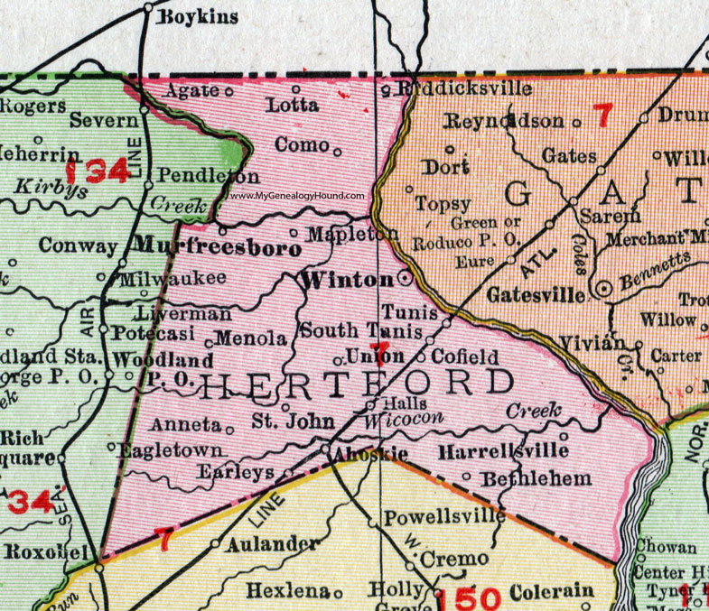Hertford County, North Carolina, 1911, Map, Rand McNally, Winton, Murfreesboro, Ahoskie, Como, Harrellsville, Saint John, Riddicksville, South Tunis, Menola, Earleys, Anneta, Mapleton, Cofield, Bethlehem, Lotta, Agate
