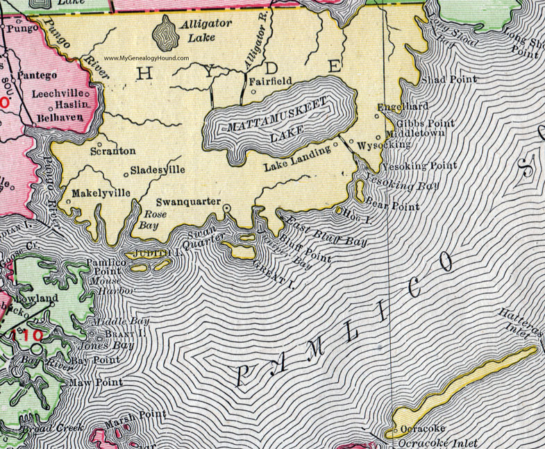 Hyde County, North Carolina, 1911, Map, Rand McNally, Swan Quarter, Scranton, Ocracoke, Fairfield, Engelhard, Makelyville, Wysocking, Middletown, Yesoking Point, Sladesville, Bear Point, Gibbs Point