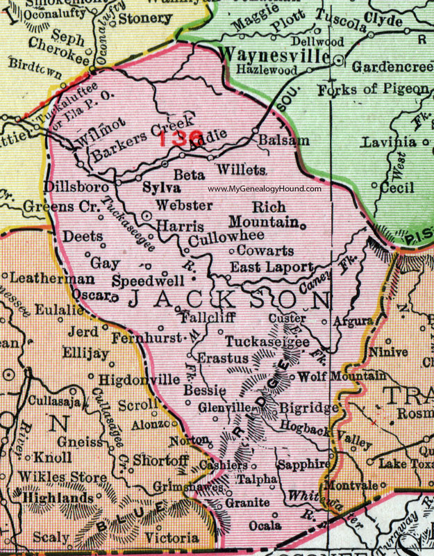 Jackson County, North Carolina, 1911, Map, Rand McNally, Cullowhee, Webster, Sylva, Cashiers, Glenville, Balsam, Addie, Tuckaseigee, Dillsboro, Cowarts, Willets, Deets, Wolf Mountain, Talpha, Grimshawes