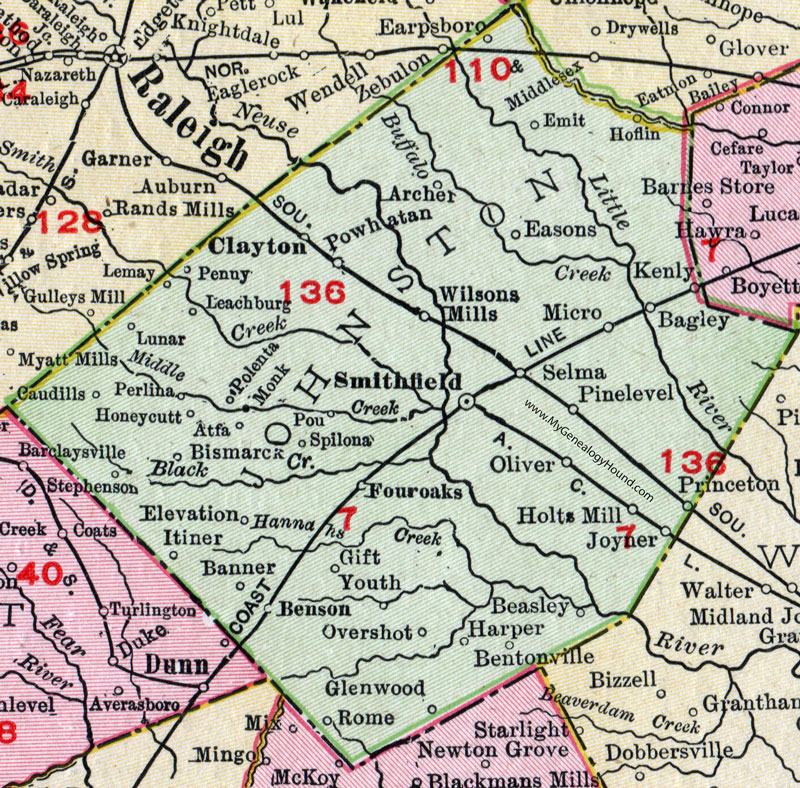 Johnston County, North Carolina, 1911, Map, Rand McNally, Smithfield, Selma, Benson, Princeton, Pine Level, Micro, Four Oaks, Wilsons Mills, Clayton, Powhatan, Kenly, Hoflin, Archer, Honeycutt, Perlina