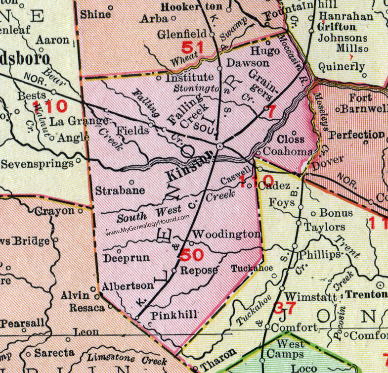 Lenoir County, North Carolina, 1911, Map, Rand McNally, Kinston, La Grange, Pink Hill, Deep Run, Strabane, Dawson, Fields, Repose, Woodington, Cadez, Closs, Coahoma, Graingers, Falling Creek, Institute