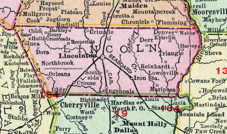 Lincoln County, North Carolina, 1911, Map, Rand McNally, Lincolnton, Denver, Triangle, Iron Station, Crouse, Webbs, Harvey, Kidsville, Derr, Orleans, Barkley, Mariposa, Reinhardt, Lowesville, Toluca, Reepsville