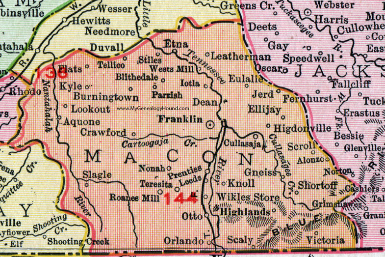 Macon County, North Carolina, 1911, Map, Rand McNally, Franklin, Highlands, Otto, Aquone, Cullasaja, Wikles Store, Roanes Mill, Higdonville, Burningtown, Wests Mill, Tellico, Slagle, Nonah, Eulalie, Orlando