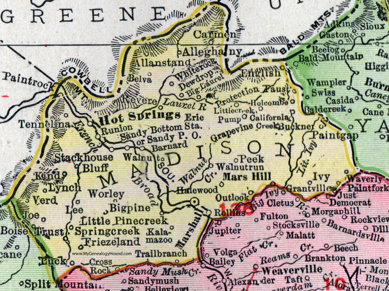 Madison County, North Carolina, 1911, Map, Rand McNally, Marshall, Hot Springs, Mars Hill, Walnut, Luck, Kalamazoo, Friezeland, Tennelina, Paint Rock, Paint Fork, Waverly, Buckner, Stackhouse, Allanstand, Holcombe