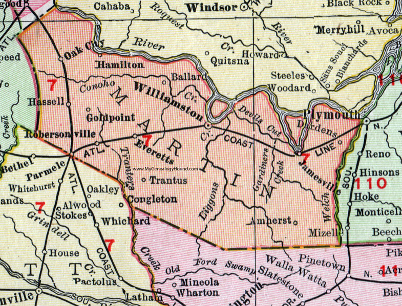 Martin County, North Carolina, 1911, Map, Rand McNally, Williamston, Jamesville, Robersonville, Hamilton, Oak City, Hassell, Parmele, Everetts, Trantus, Goldpoint, Ballard, Dardens, Amherst
