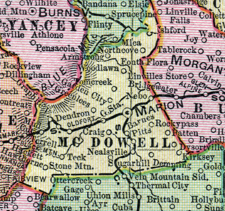 McDowell County, North Carolina, 1907, Map, Cram, Marion, Old Fort, Nealsville, Dendron, Teck, Demming, Kirksey, Dysortville, Nebo, Armstrong, Pitts, Greenlees, Toms Creek, Garden City, Patten