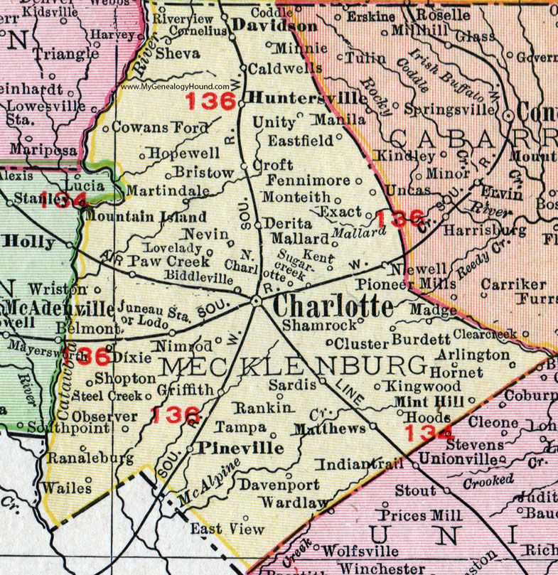 Mecklenburg County, North Carolina, 1911, Map, Rand McNally, Charlotte, Derita, Matthews, Mint Hill, Pineville, Huntersville, Davidson, Cornelius, Paw Creek, Newell, Shamrock, Biddleville, Nevin, Rankin, Wailes
