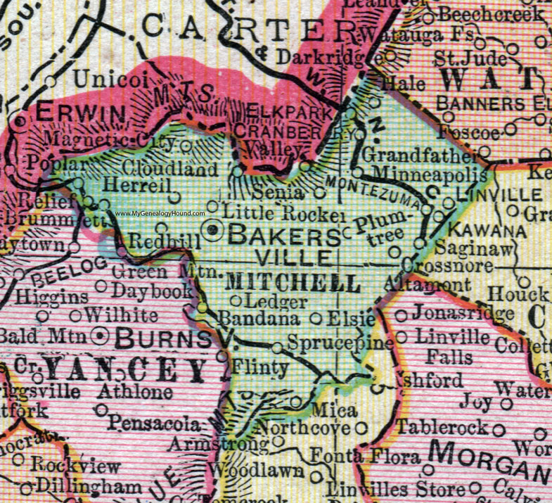 Mitchell County, North Carolina, 1907, Map, Cram, Bakersville, Spruce Pine, Ledger, Mica, Magnetic City, Herrell, Senia, Saginaw, Crossnore, Minneapolis, Linville, Kawana, Cloudland, Cranberry, Bandana, Little Rocker