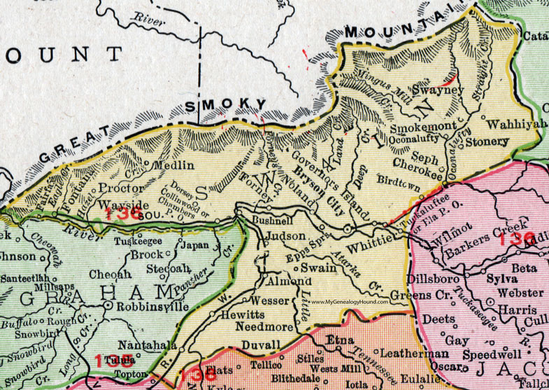 Swain County, North Carolina, 1911, Map, Rand McNally, Bryson City, Almond, Judson, Wesser, Hewitts, Busnell
