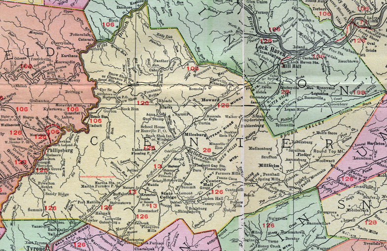 Centre County, Pennsylvania 1911 Map by Rand McNally, Bellefonte, State College, Millheim, Centre Hall, Milesburg, Boalsburg, Pine Grove Mills, Unionville, Philipsburg, Port Matilda, Moshannon, Orviston, Aaronsburg, PA