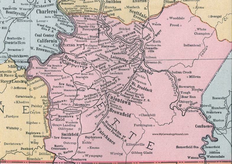 Fayette County, Pennsylvania 1911 Map by Rand McNally, Uniontown, Connellsville, Everson, Brownsville, Brownfield, Fairchance, Smithfield, Mt. Braddock, Dawson, Leisenring, Bridgeport, Perryopolis, Grindstone, PA