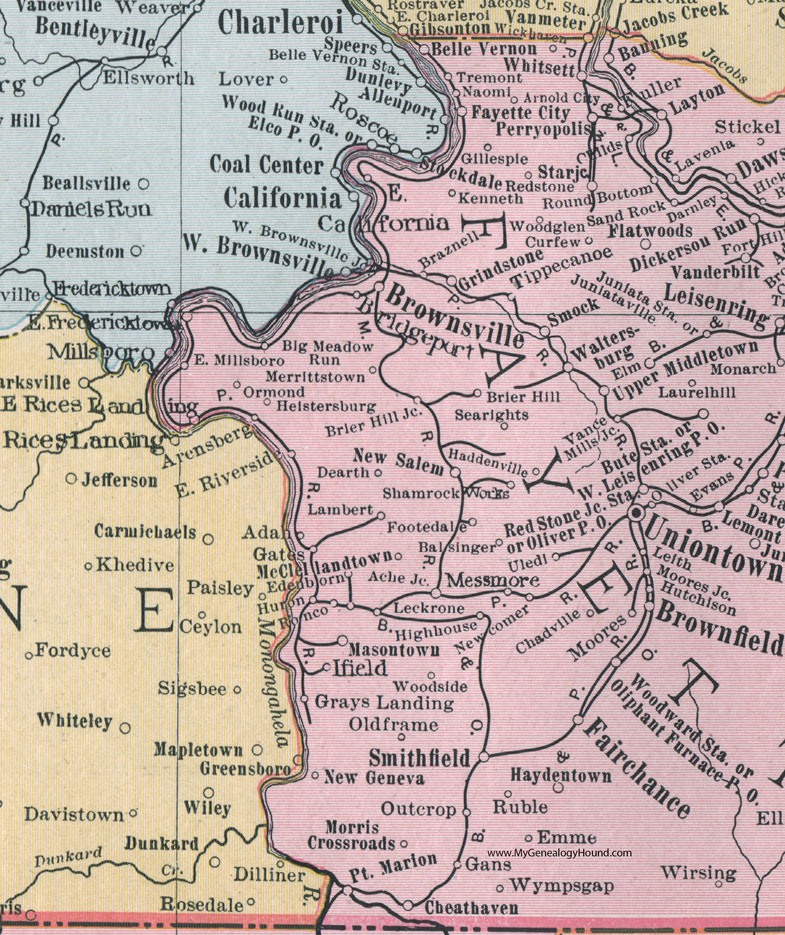 Western Fayette County, Pennsylvania on an 1911 map by Rand McNally.