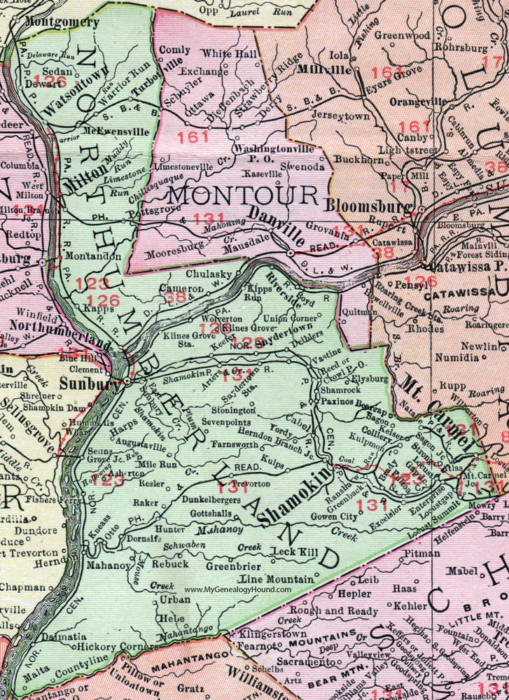 Northumberland County, Pennsylvania 1911 Map by Rand McNally, Shamokin, Mt. Carmel, Milton, Watsontown, Kulpmont, Riverside, McEwensville, Potts Grove, Snydertown, Paxinos, Elysburg, Locust Gap, PA