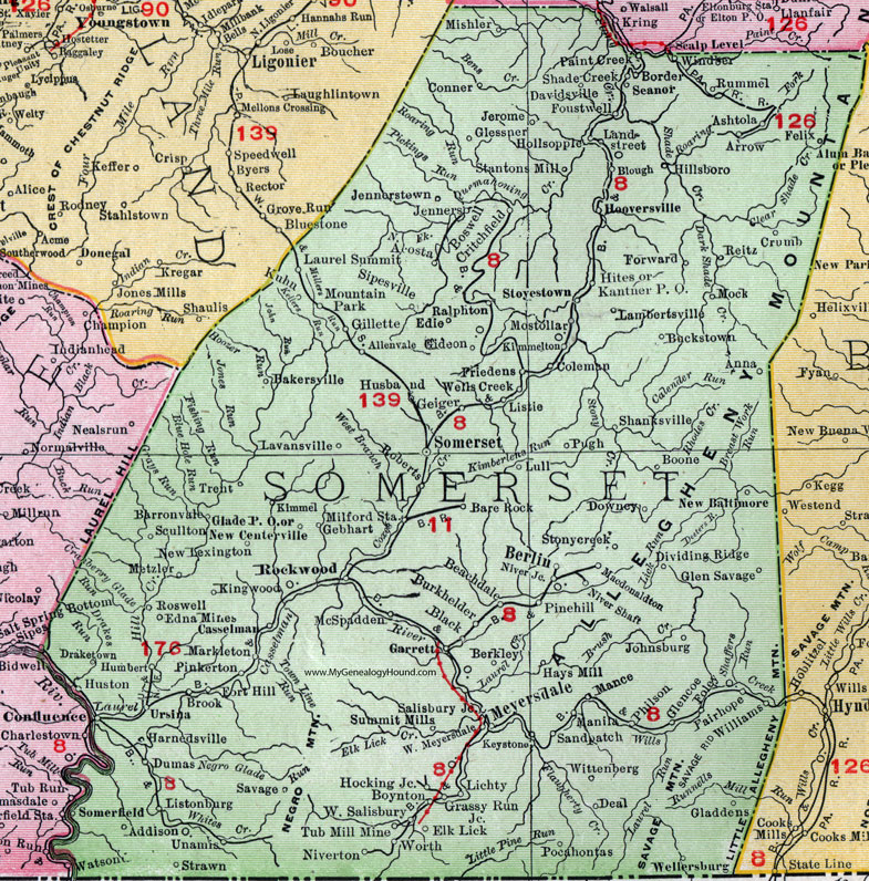 Somerset County, Pennsylvania 1911 Map by Rand McNally, Berlin, Meyersdale, Confluence, Rockwood, Garrett, West Salisbury, Stoystown, Jennerstown, Boswell, Addison, Shanksville, Wellersburg, New Baltimore, Windber, Davidsville, Jerome, PA