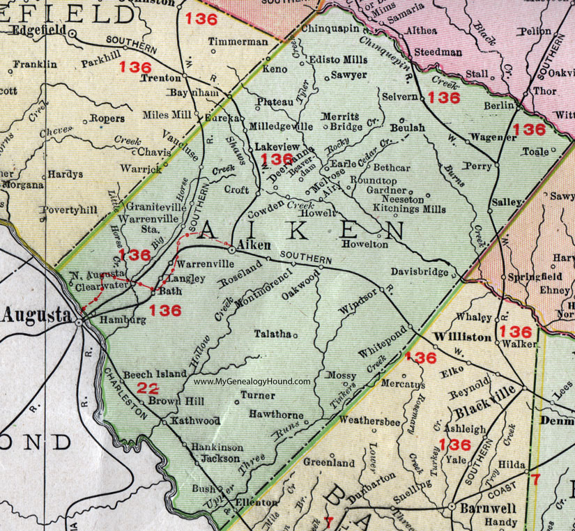 Aiken County, South Carolina, 1911, Map, Rand McNally, North Augusta, Wagener, Jackson, Clearwater, Bath, Langley, Warrenville, Graniteville, Vancluse, Montmorenci, Eureka, Beech Island, Kitchings Mills, Edisto Mills