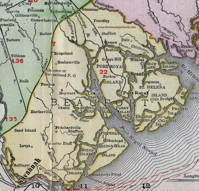 Beaufort County, South Carolina, 1911, Map, Rand McNally, Port Royal, Hilton Head, Pritchardville, Frogmore, Coosaw, Bellinger, Chisholm, Okatie, Okeetee, Tomotley, Yemassee, Hardeeville