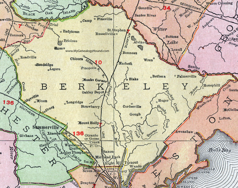 Berkeley County, South Carolina, 1911, Map, Rand McNally, Moncks Corner, Goose Creek, Bonneau, Wando, Huger, Cordesville, Pineville, Russellville, Eadytown, St. Stephen, Macbeth, Bethera, Gough
