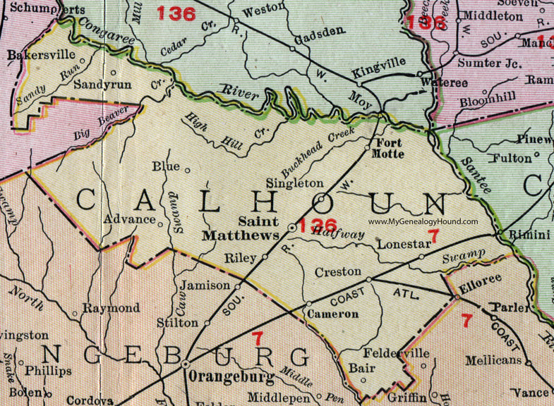 Calhoun County, South Carolina, 1911, Map, Rand McNally, Saint Matthews, Fort Motte, Cameron, Creston, Lone Star, Riley, Bakersville, Bair, Lone Star, Advance, Sandy Run, Blue