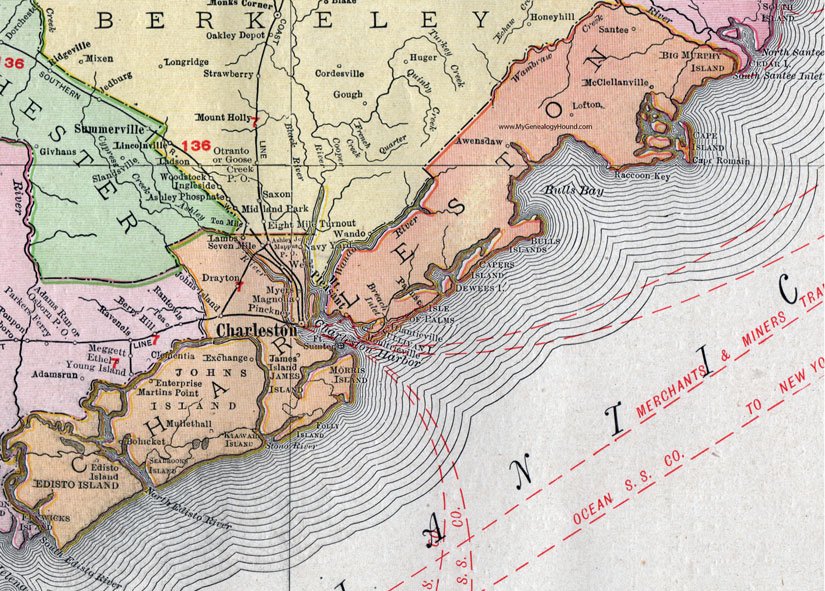 Charleston County, South Carolina, 1911, Map, Rand McNally, Mt. Pleasant, James Island, McClellanville, Fort Sumter, Santee, Awensdaw, Drayton, Edisto Island, Seven Mile, Lambs, Pinckney, Magnolia, Bohucket