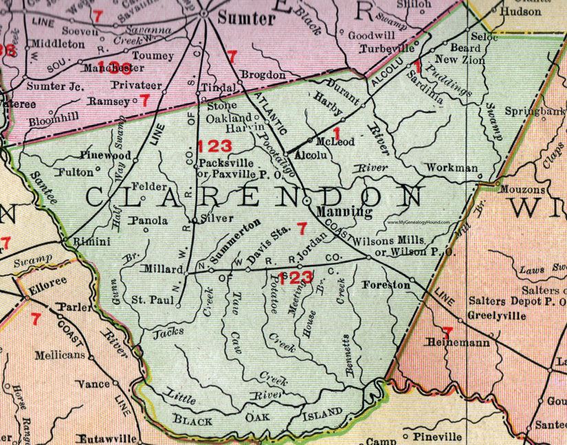 Clarendon County, South Carolina, 1911, Map, Rand McNally, Manning, Summerton, Turbeville, Jordan, Alcolu, Paxville, Rimini, St. Paul, Davis Station, Foreston, Sardinia, New Zion, Panola, Seloc