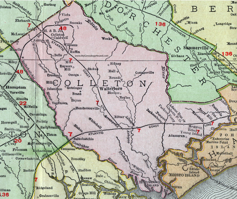 Colleton County, South Carolina, 1911, Map, Rand McNally, Walterboro, Hendersonville, Green Pond, Ashepoo, Jacksonboro, Ritter, Salkehatchie, Smoaks, Padgetts, Ashton, Ruffin, Raysors Mill, Islandton
