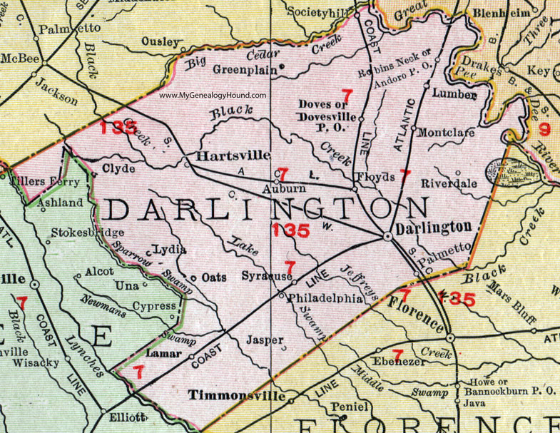 Darlington County, South Carolina, 1911, Map, Rand McNally, Hartsville, Lamar, Dovesville, Society Hill, Floyd, Mont Clare, Clyde, Auburn, Lydia, Oats, Palmetto, Greenplain, Syracuse, Jasper, Philadelphia