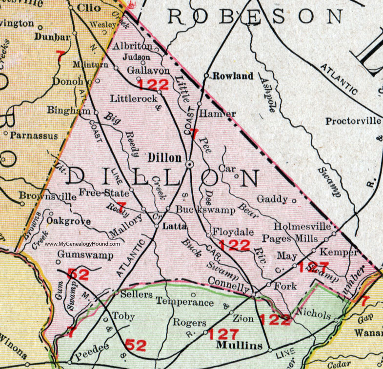 Dillon County, South Carolina, 1911, Map, Rand McNally, Latta, Floydale, Little Rock, Fork, Oak Grove, Bingham, Hamer, Minturn, Buckswamp, Gaddy, Pages Mills, Albriton, Judson, Gallavon, Free State